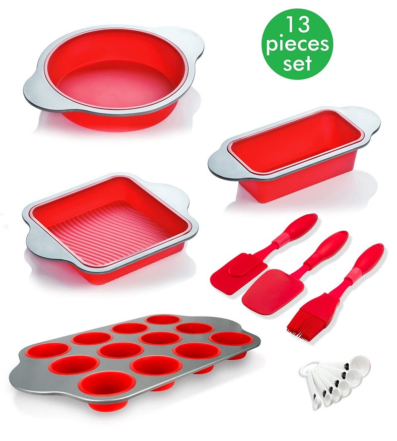 Boxiki Kitchen 13-Piece Non-Stick Silicone Bakeware Set with Cake Pan, Brownie Pan, Loaf Pan, Muffin Mold, Spatulas, Brush, and Measuring Spoons - Oven, Freezer and Dishwasher Safe - Image 3